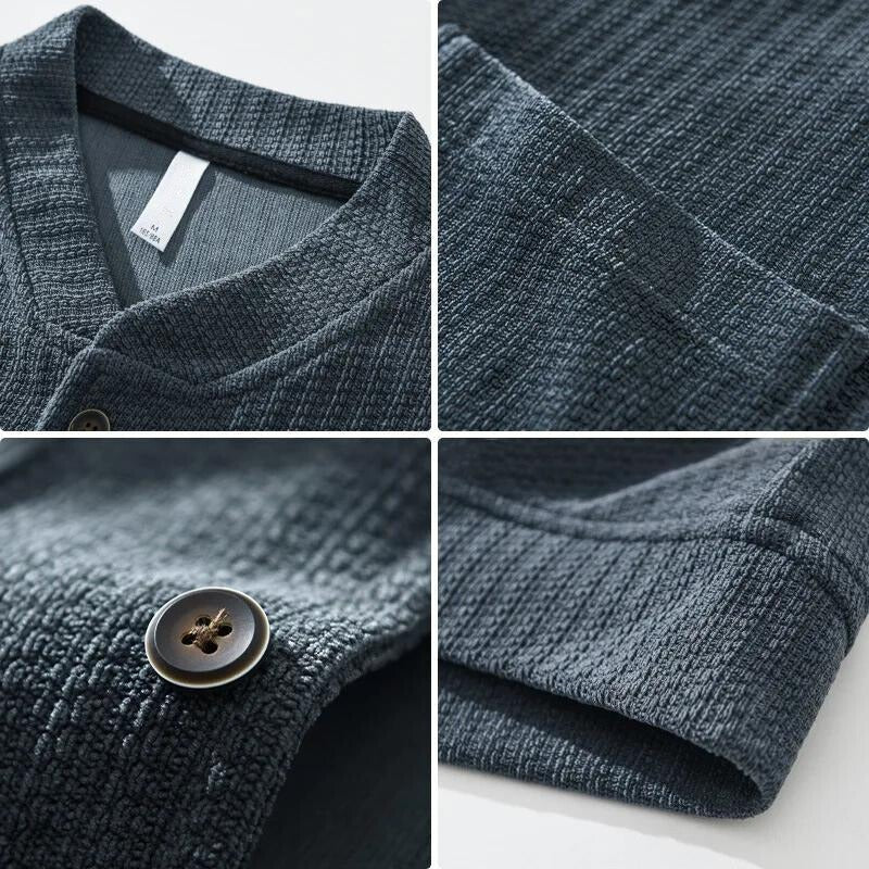 Men's collarless corduroy jacket with a button front and patch pockets - view 3