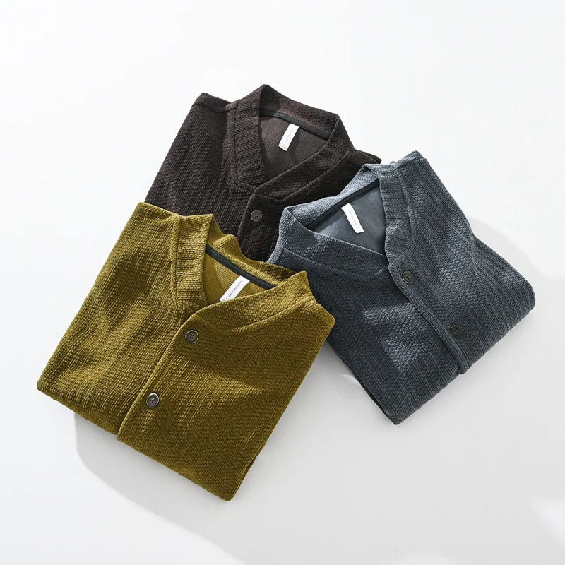 Men's collarless corduroy jacket with a button front and patch pockets - view 6