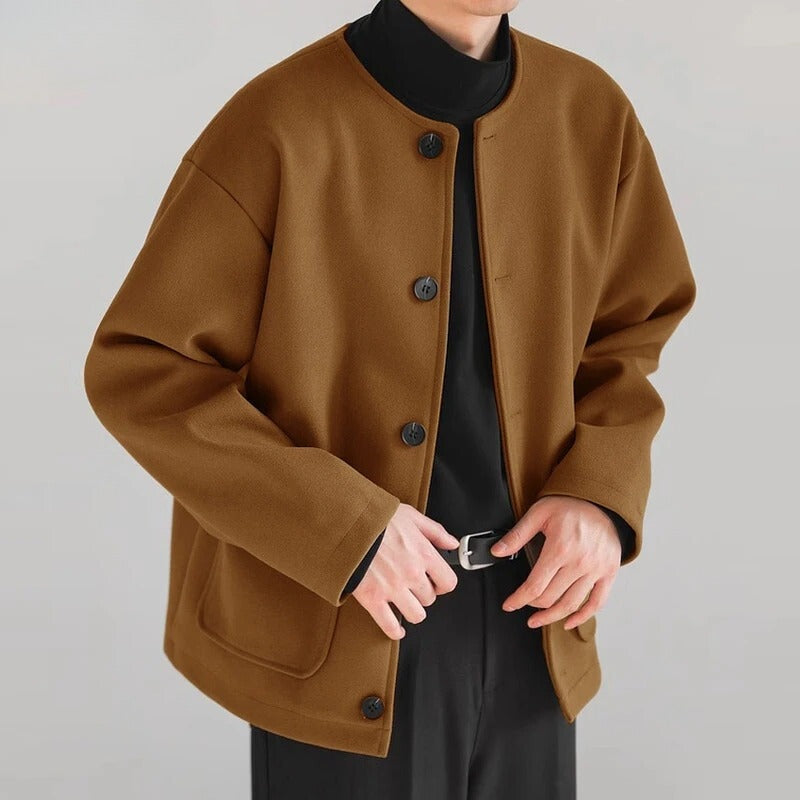 Men's collarless jacket with a round neck, button front and patch pockets - caramel