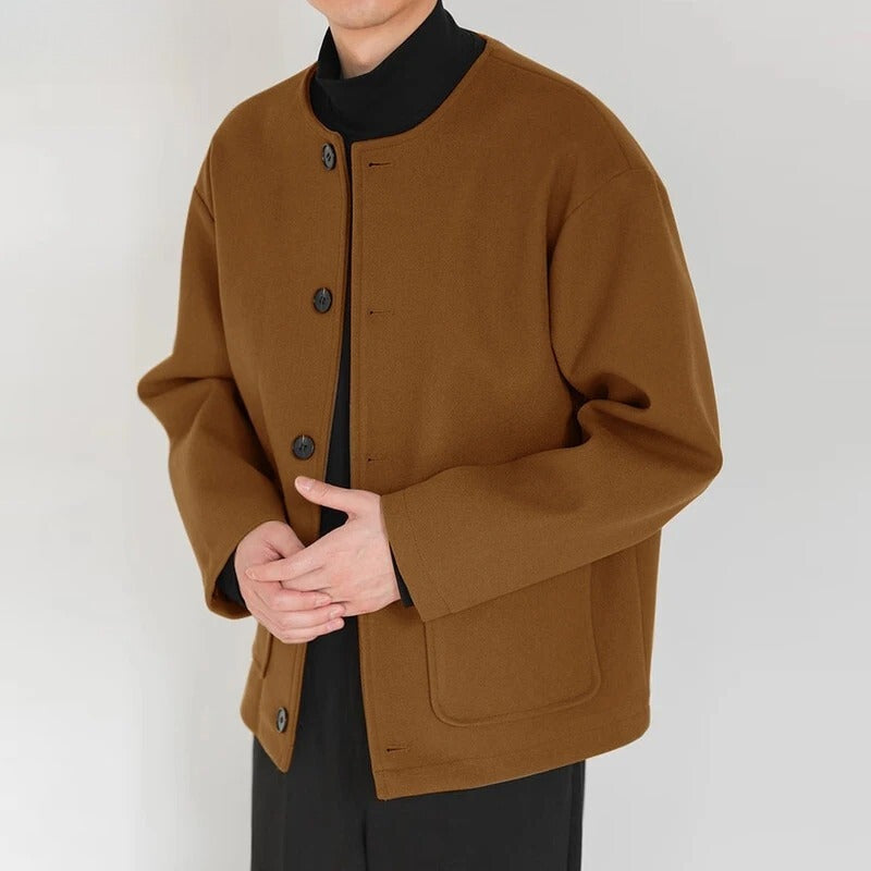 Men's collarless jacket with a round neck, button front and patch pockets - view 2