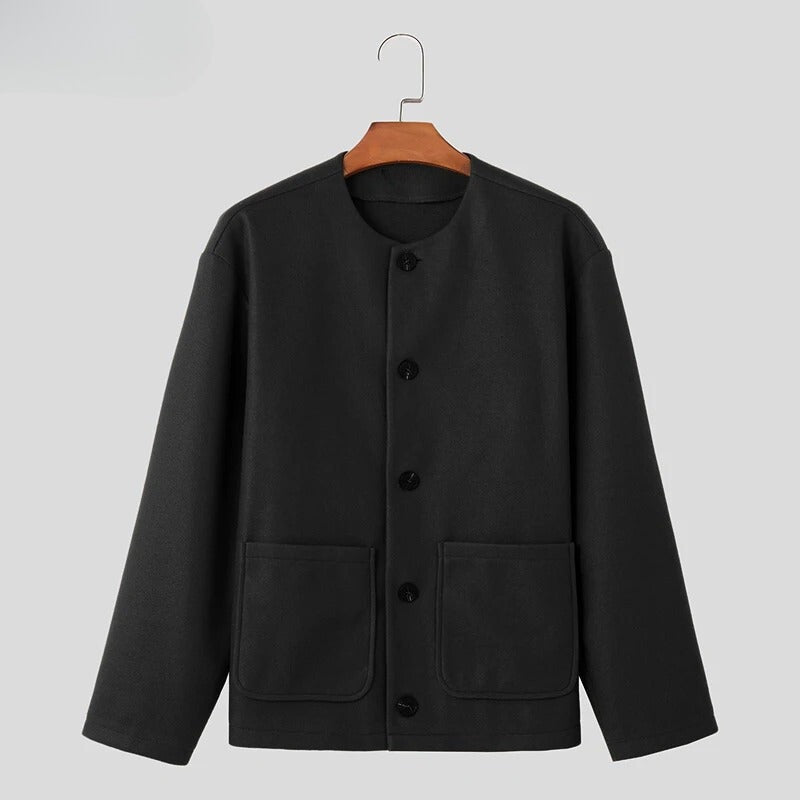 Men's collarless jacket with a round neck, button front and patch pockets - view 4