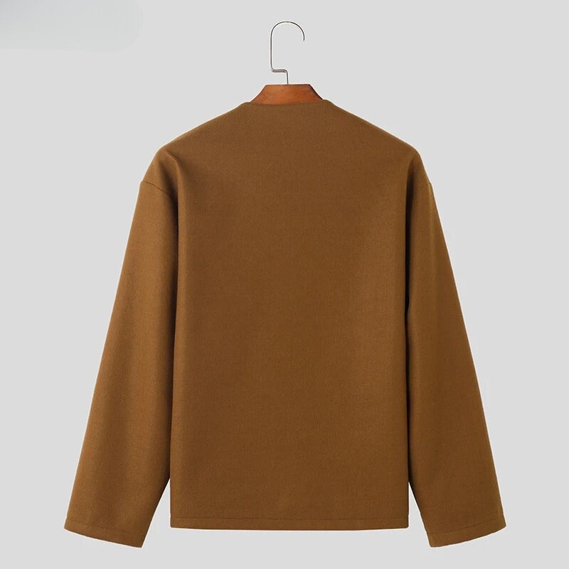 Men's collarless jacket with a round neck, button front and patch pockets - view 5