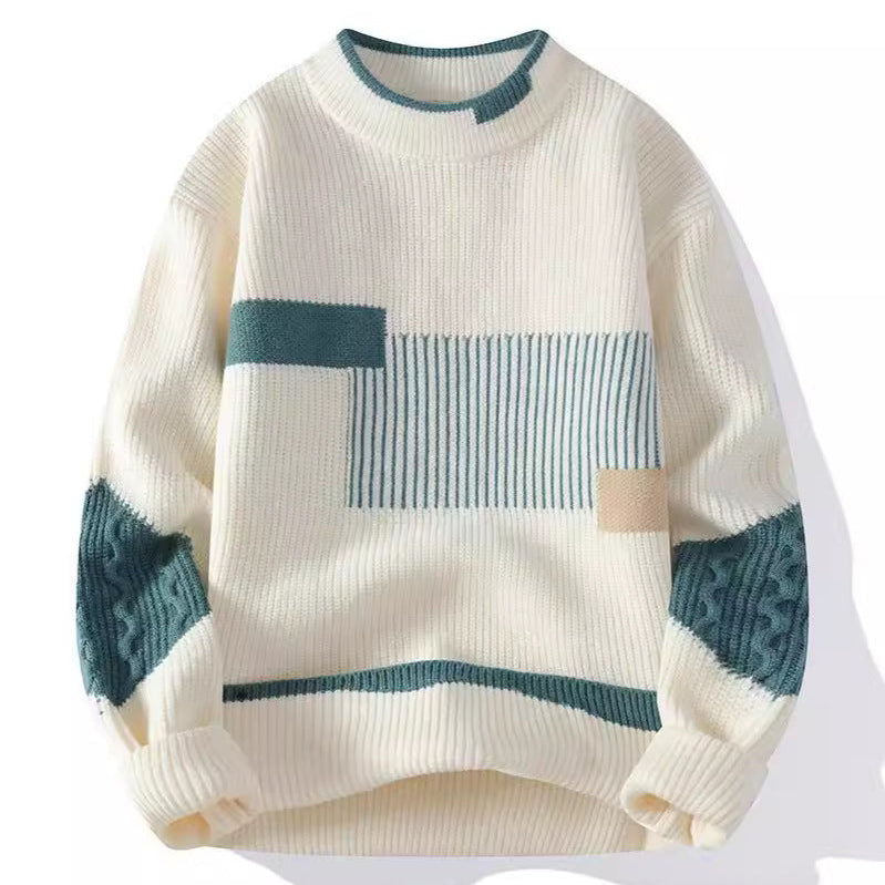 Men's colour block jumper with a striped front panel and cable knit sleeves - off-white