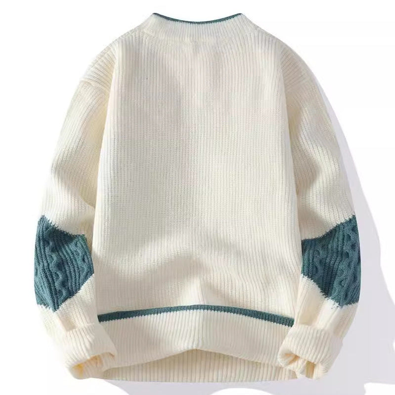 Men's colour block jumper with a striped front panel and cable knit sleeves