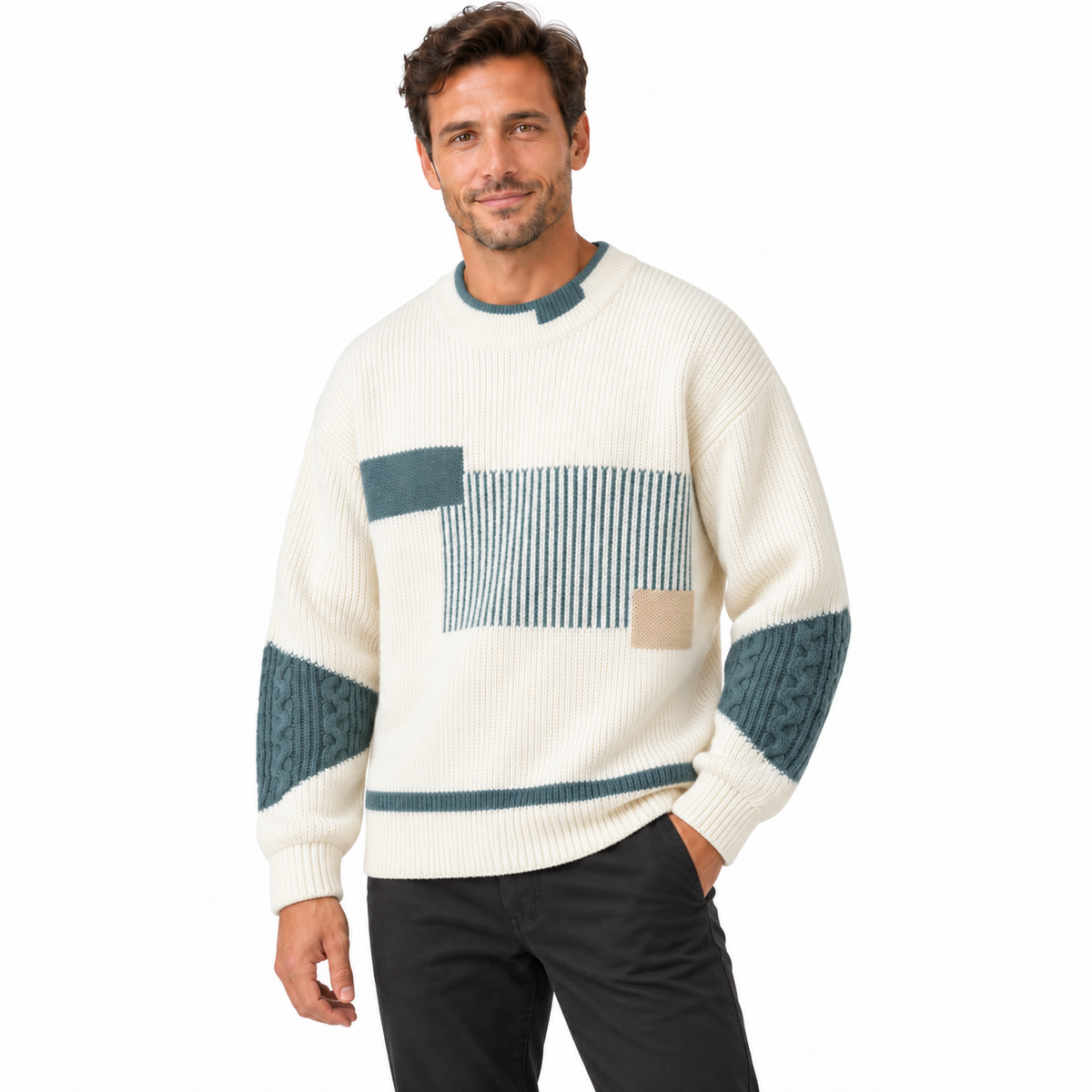 Men's colour block jumper with a striped front panel and cable knit sleeves