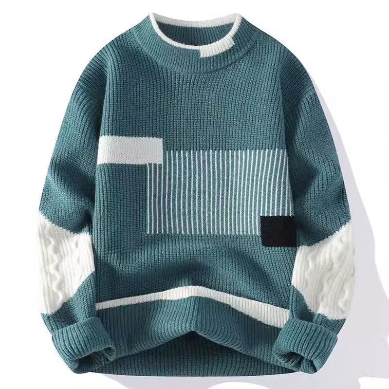 Men's colour block jumper with a striped front panel and cable knit sleeves - teal