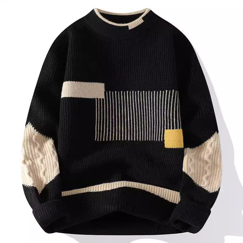 Men's colour block jumper with a striped front panel and cable knit sleeves - black
