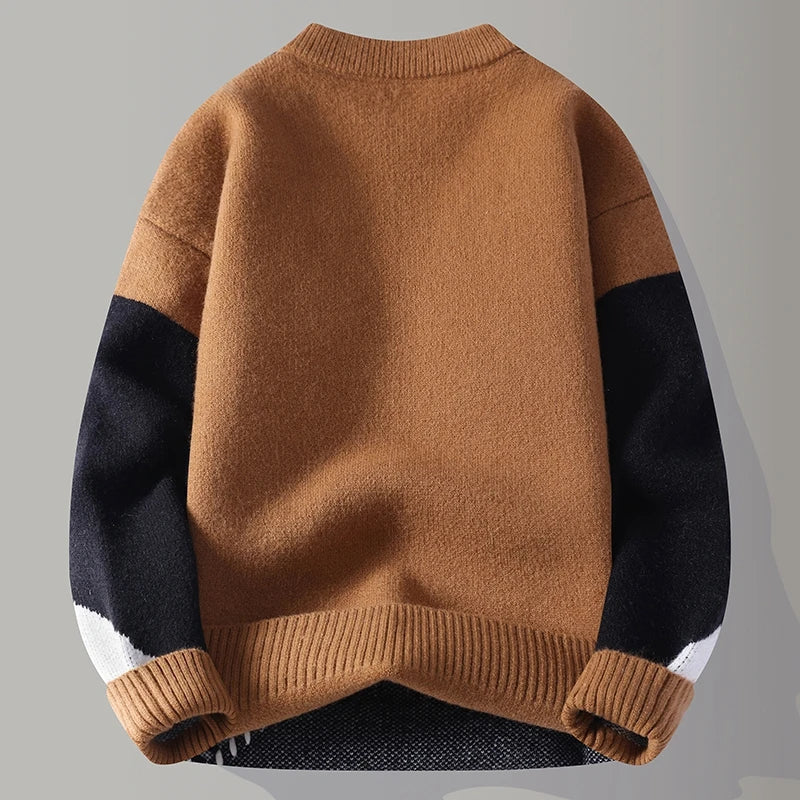 Men's colour block jumper with a crew neck and contrast zigzag stitching