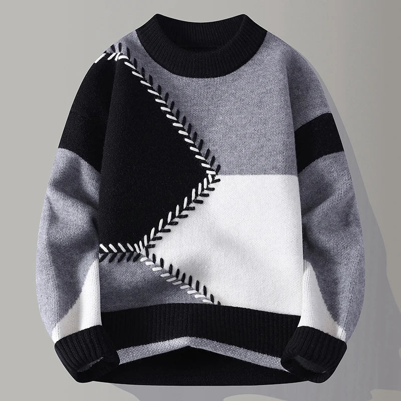 Men's colour block jumper with a crew neck and contrast zigzag stitching - grey