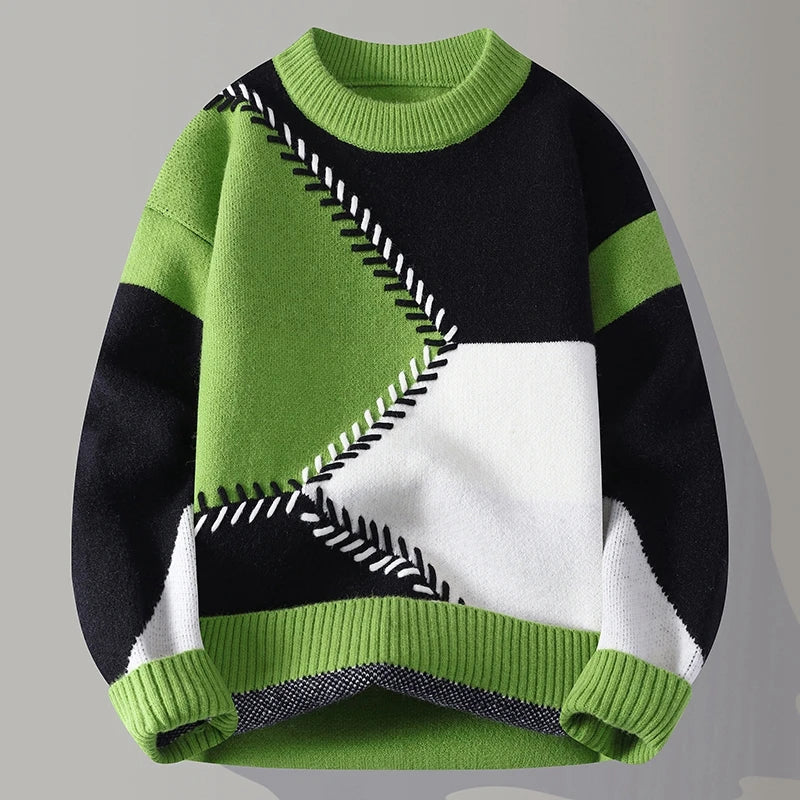 Men's colour block jumper with a crew neck and contrast zigzag stitching - lime green