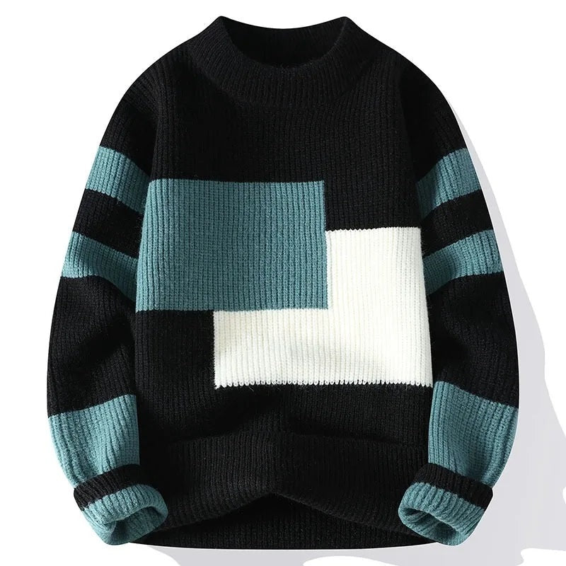 Men's colour block knit jumper with blocks on the chest and striped sleeves - black