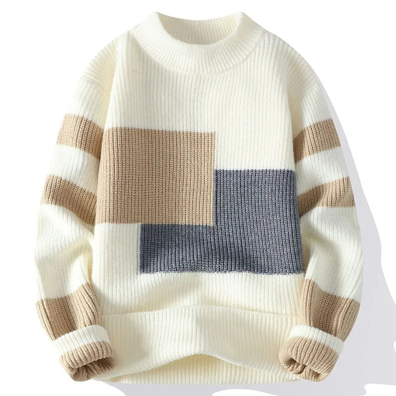Men's colour block knit jumper with blocks on the chest and striped sleeves - ecru