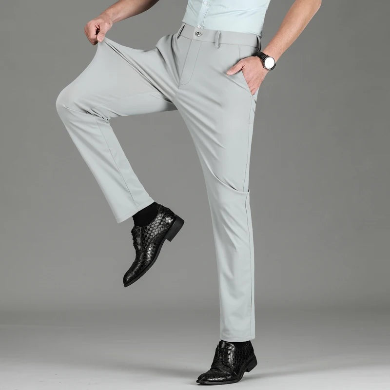Men's cool-touch stretch trousers with a straight leg, belt loops and slant pockets - light grey