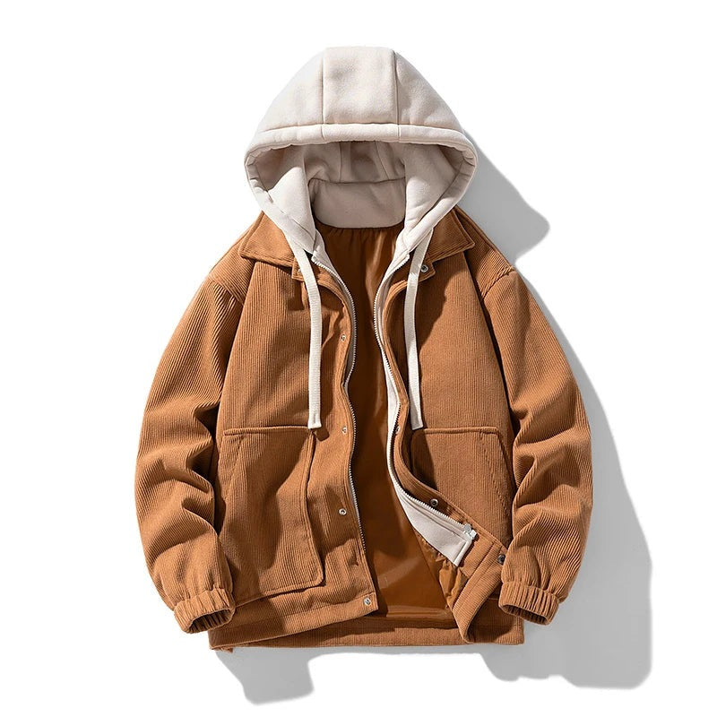 Men's corduroy jacket with a hooded insert and patch pockets - cognac
