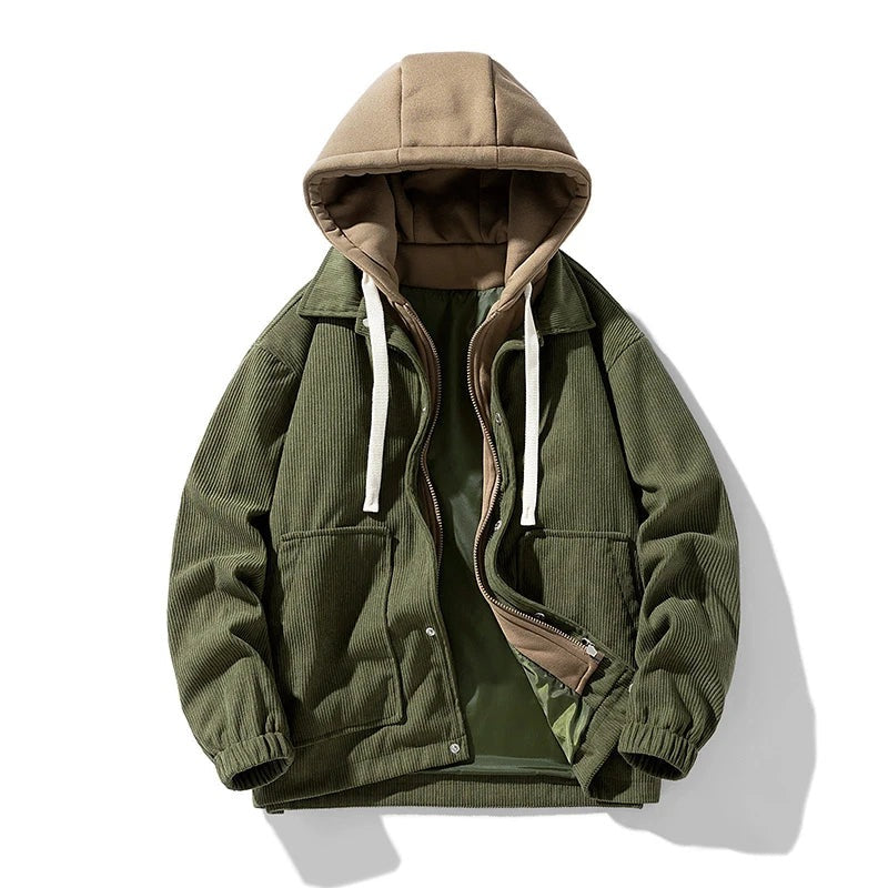 Men's corduroy jacket with a hooded insert and patch pockets - olive green