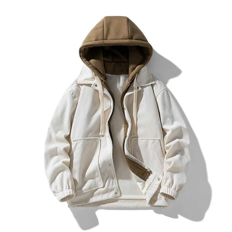 Men's corduroy jacket with a hooded insert and patch pockets - off-white
