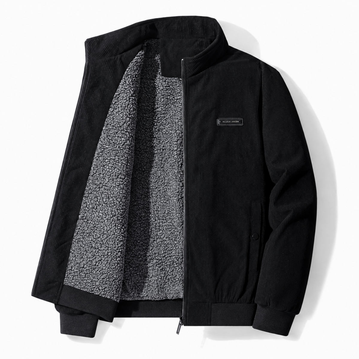 Men's corduroy jacket with a teddy lining and stand collar - black