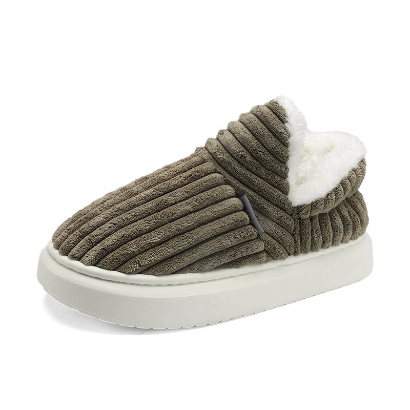 Men's wide-rib corduroy slippers with a plush trim and a thick sole - olive