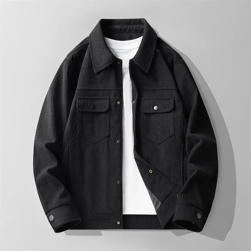 Men's corduroy trucker jacket with a shirt collar and flap pockets - black