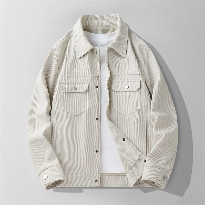 Men's corduroy trucker jacket with a shirt collar and flap pockets - beige