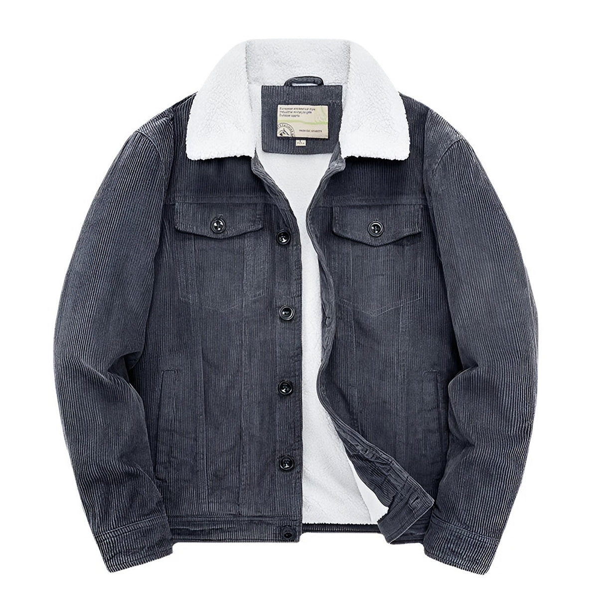 Men's corduroy trucker jacket with sherpa lining in blue grey