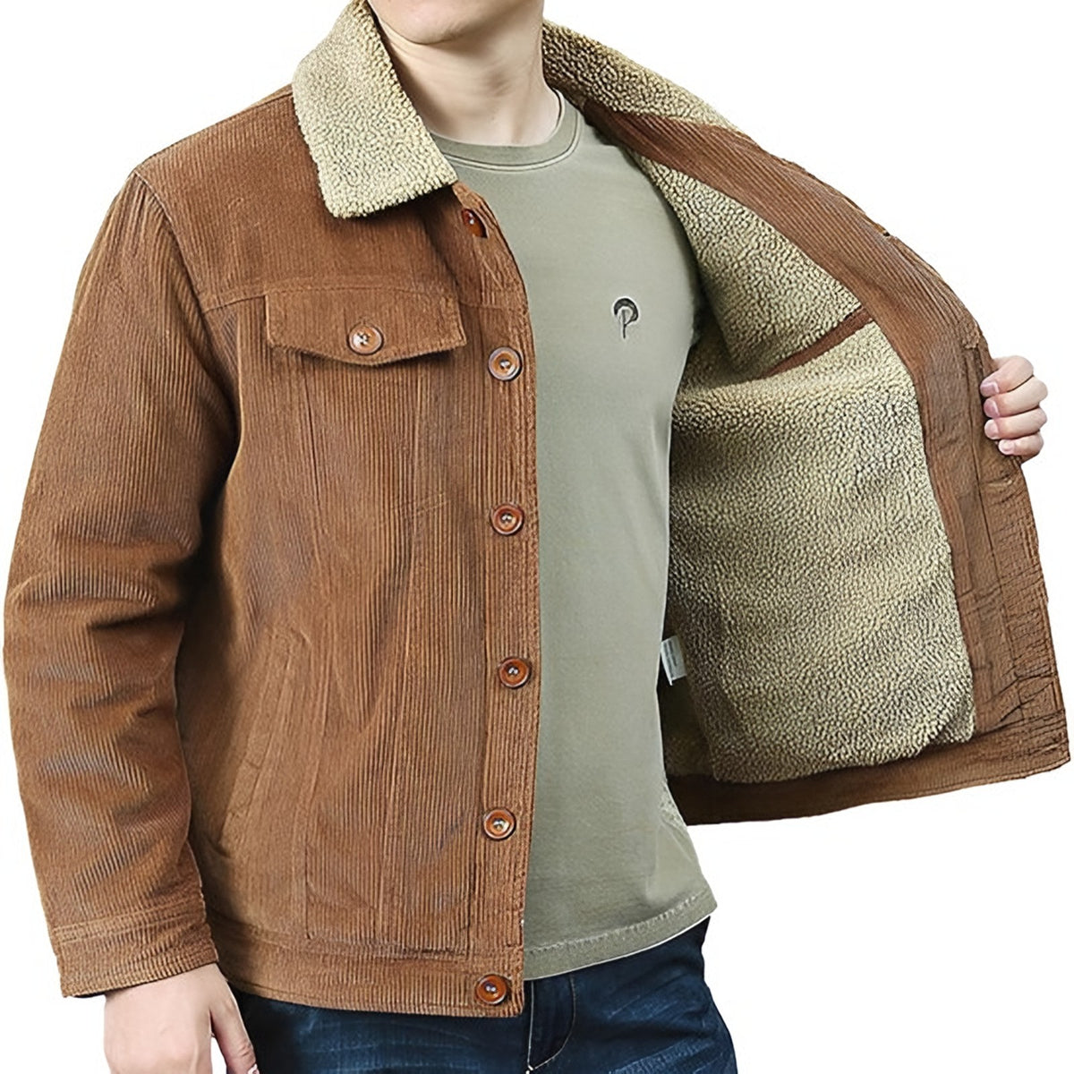 Man wearing the corduroy trucker jacket open, showing the sherpa lining