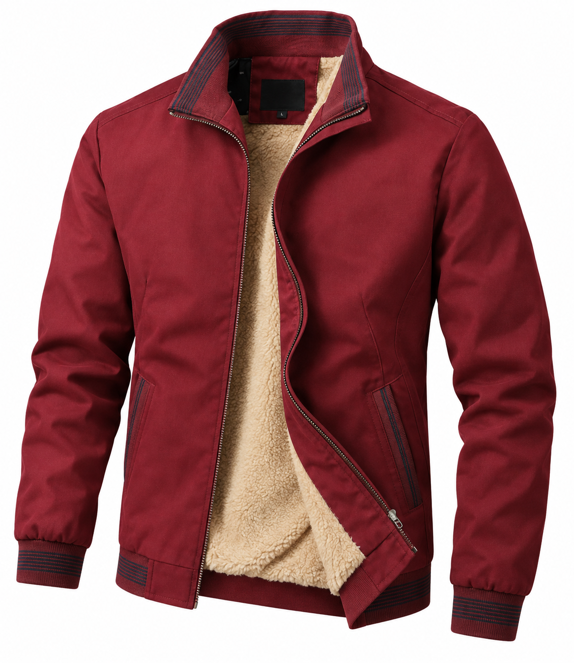 Men's cotton jacket with a stand collar and striped trims - red, fleece-lined