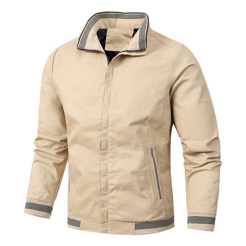 Men's cotton jacket with a stand collar and striped trims - cream