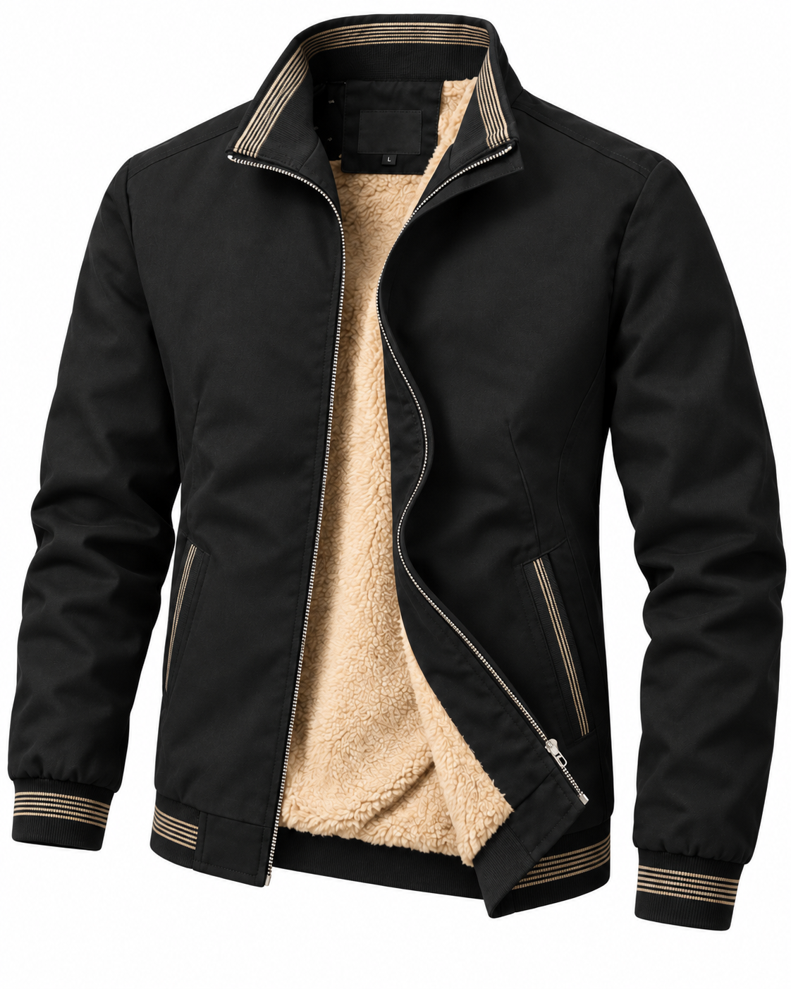 Men's cotton jacket with a stand collar and striped trims - black, fleece-lined