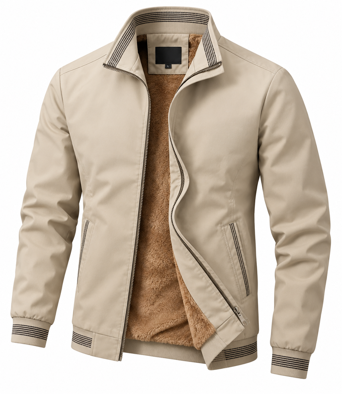 Men's cotton jacket with a stand collar and striped trims - cream, fleece-lined