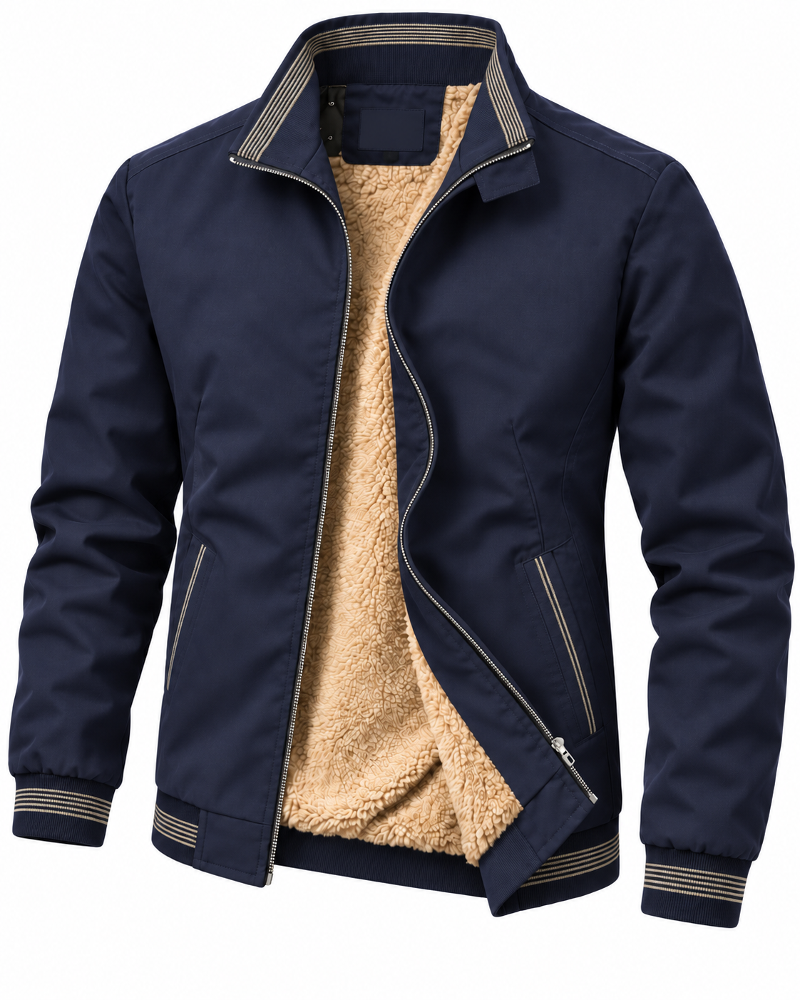 Men's cotton jacket with a stand collar and striped trims - navy, fleece-lined