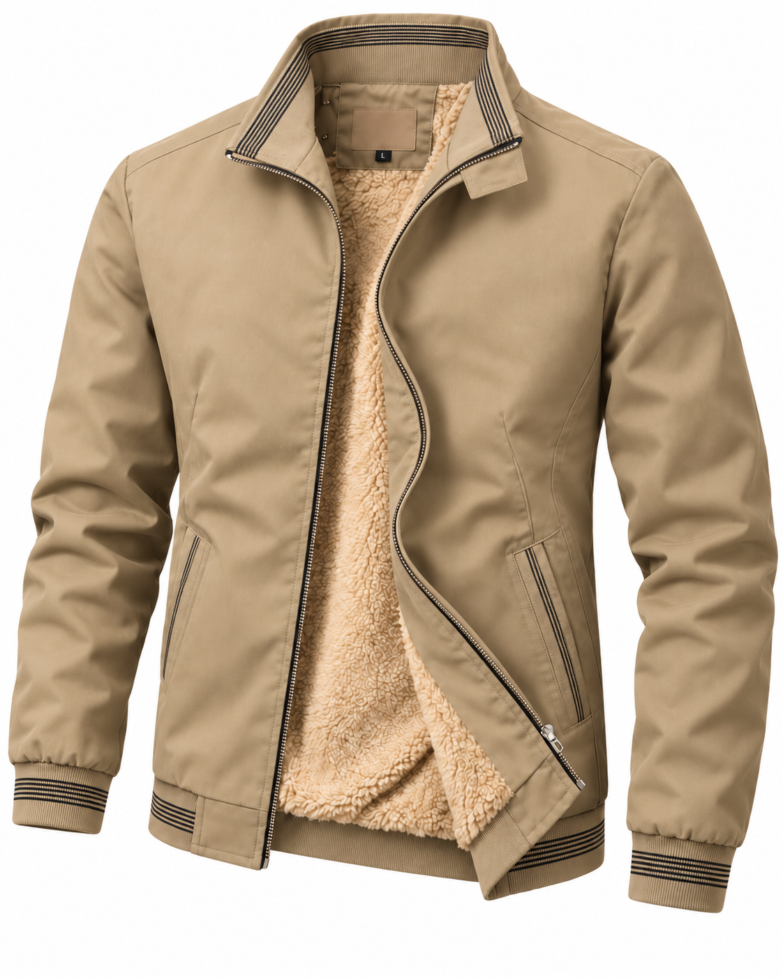 Men's cotton jacket with a stand collar and striped trims - beige, fleece-lined