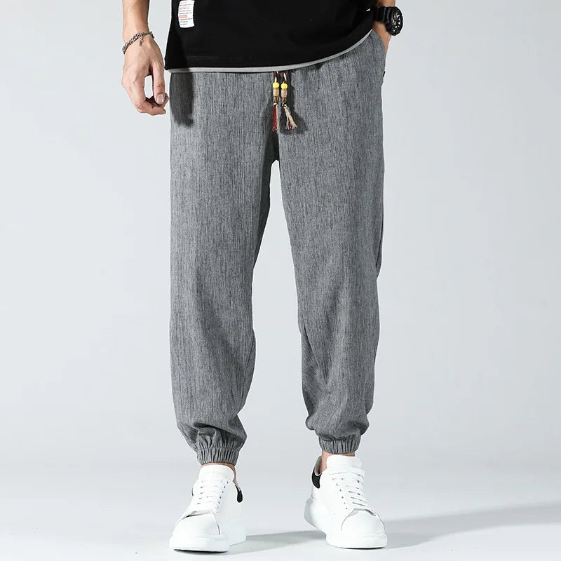 Men's lightweight cotton linen trousers with elasticated cuffs and a beaded drawcord - view 2