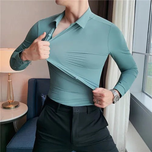 Men's slim fit stretch dress shirt with a point collar - view 4