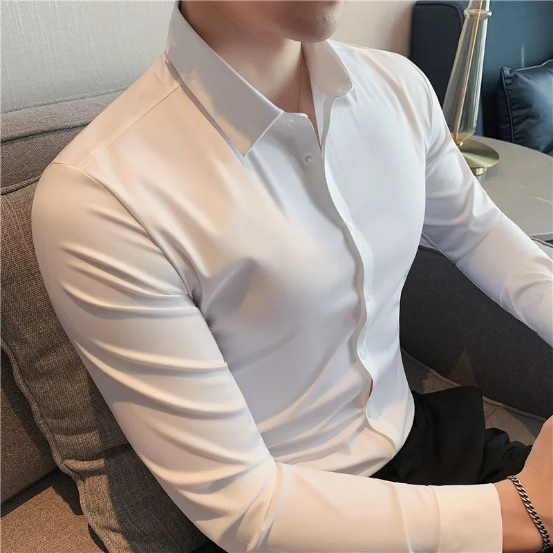 Men's slim fit stretch dress shirt with a point collar - white