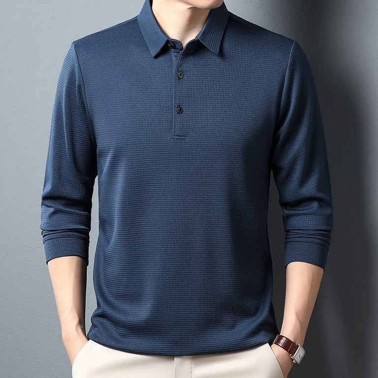 Men's crease-resistant long sleeve polo with a polo collar and a fine waffle texture - steel blue