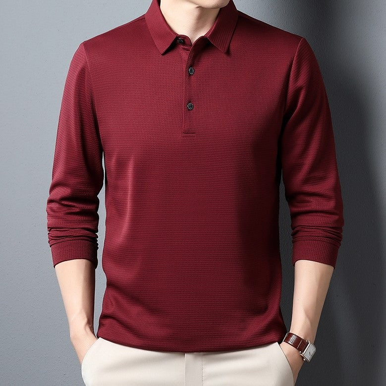 Men's crease-resistant long sleeve polo with a polo collar and a fine waffle texture - wine red