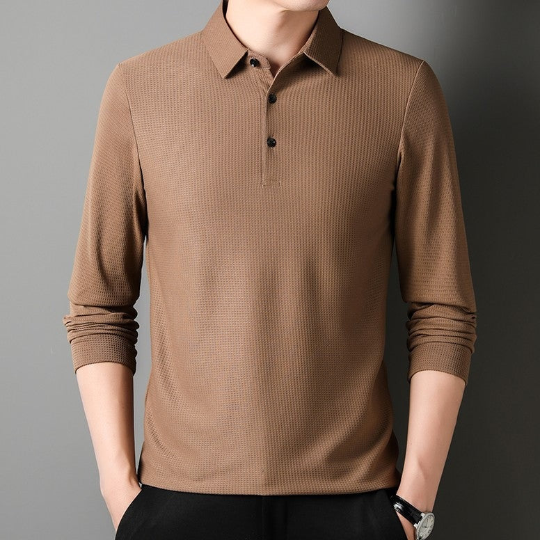 Men's crease-resistant long sleeve polo with a polo collar and a fine waffle texture - camel