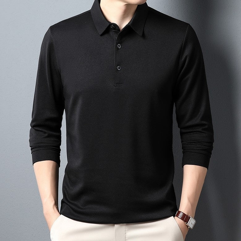 Men's crease-resistant long sleeve polo with a polo collar and a fine waffle texture - black