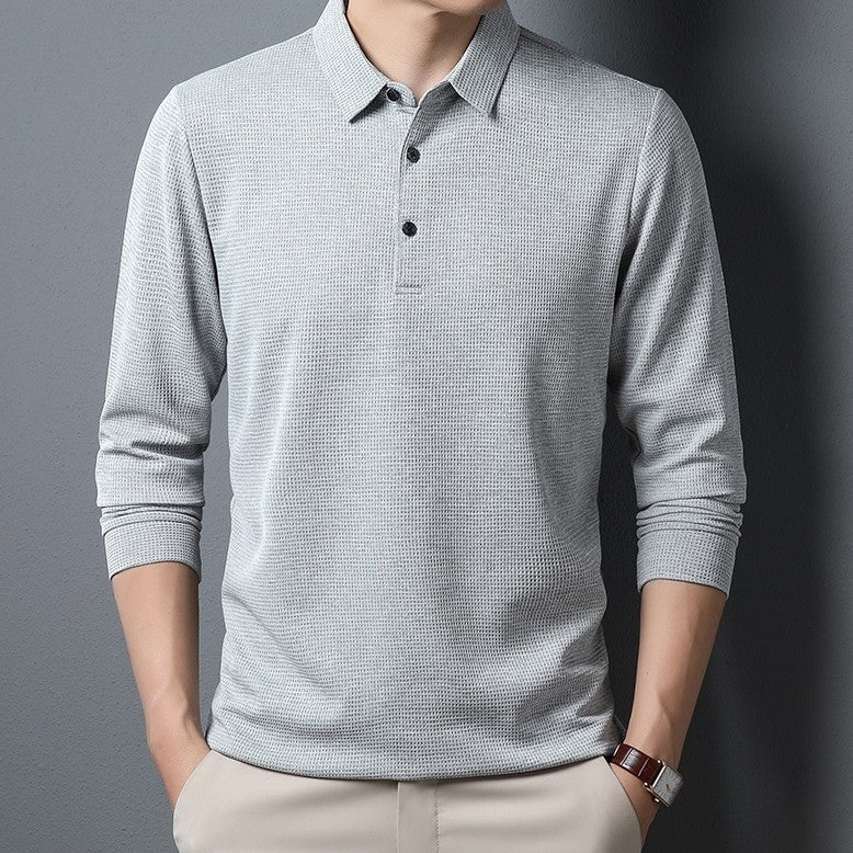 Men's crease-resistant long sleeve polo with a polo collar and a fine waffle texture - light grey