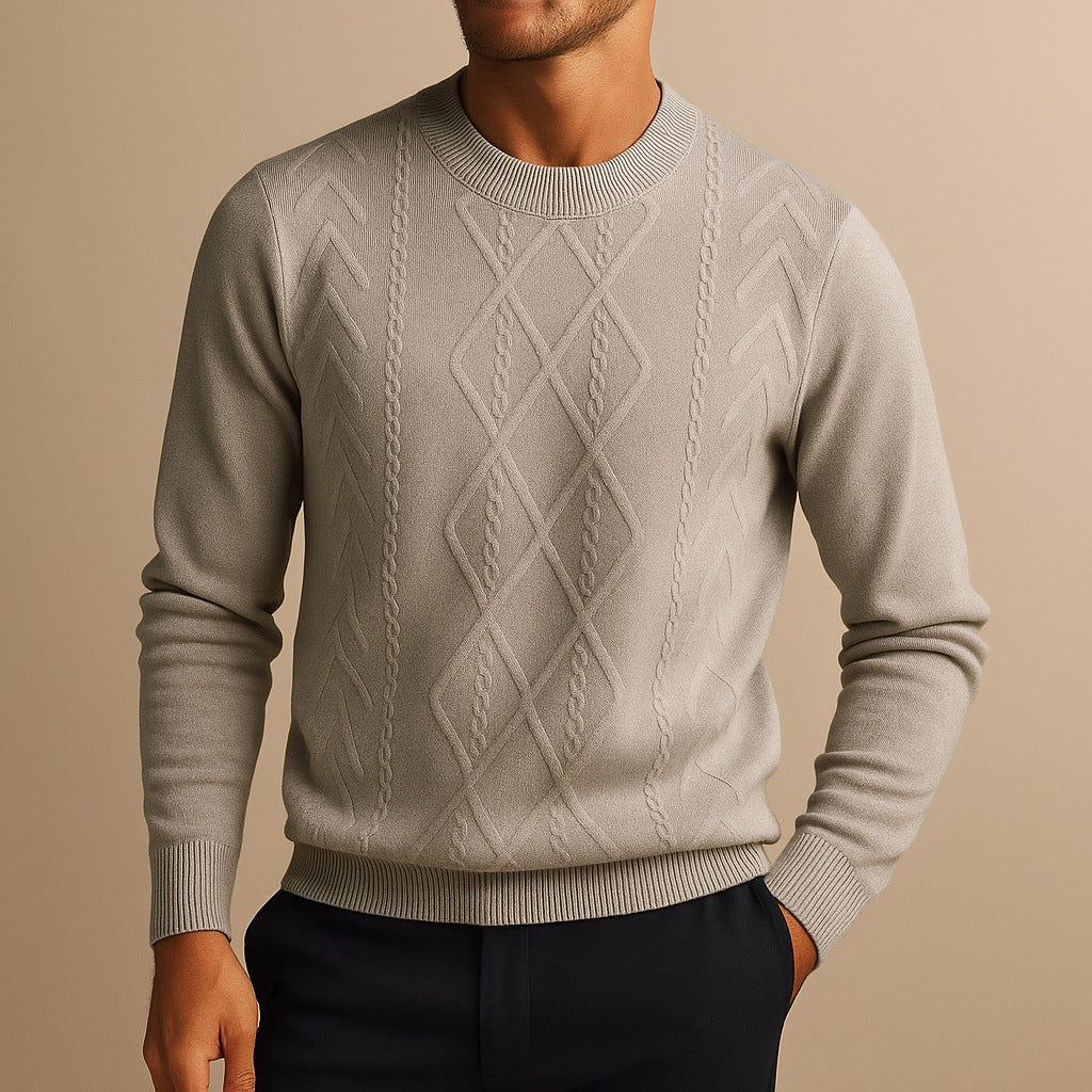 Men's crew neck jumper with a raised diamond and cable knit pattern - light grey