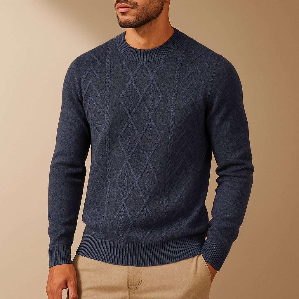 Men's crew neck jumper with a raised diamond and cable knit pattern - navy