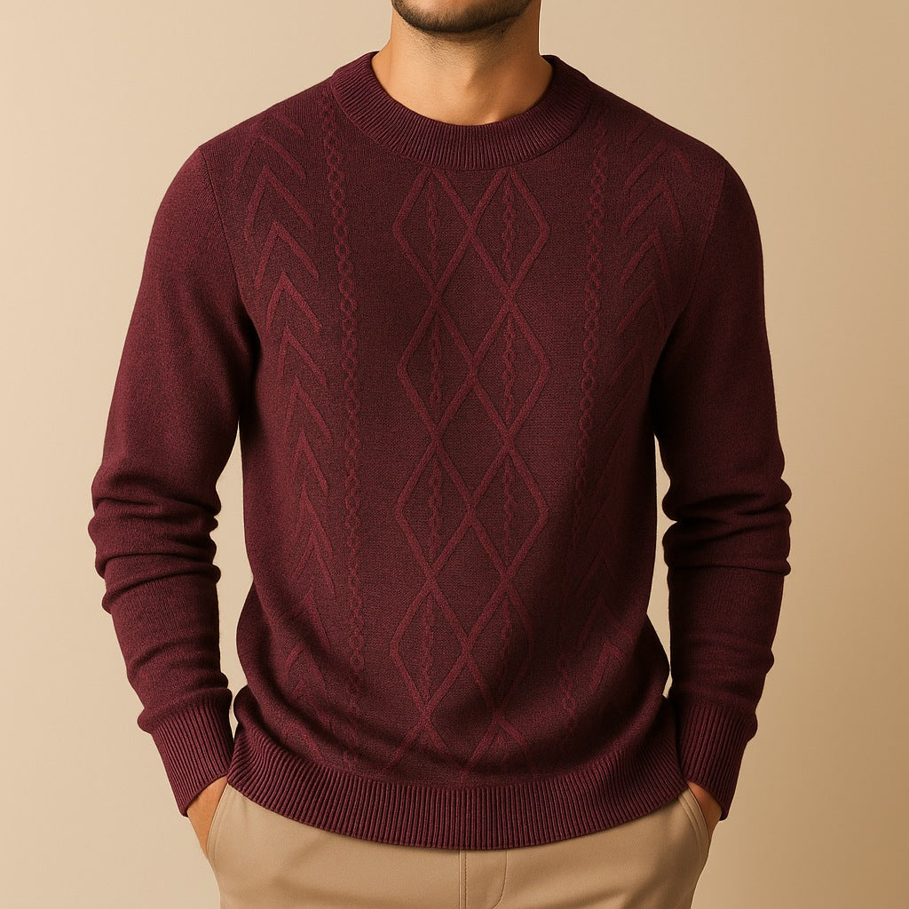 Men's crew neck jumper with a raised diamond and cable knit pattern - burgundy