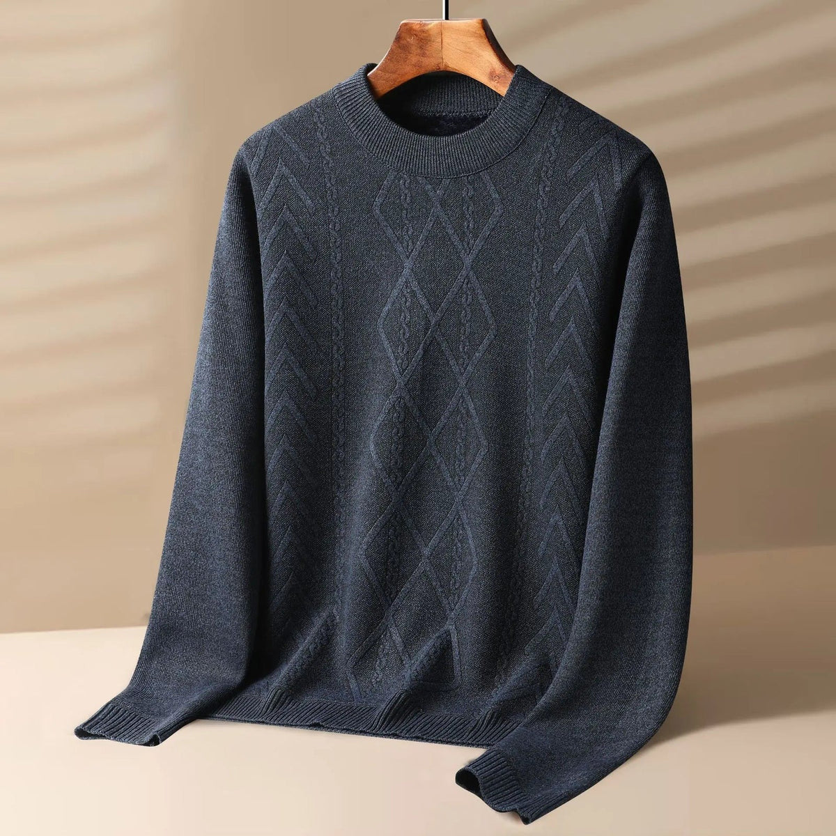 Men's crew neck jumper with a raised diamond and cable knit pattern - charcoal