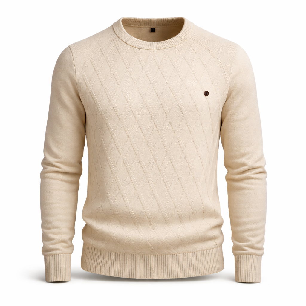 Men's crew neck jumper with a raised diamond knit on the front - beige