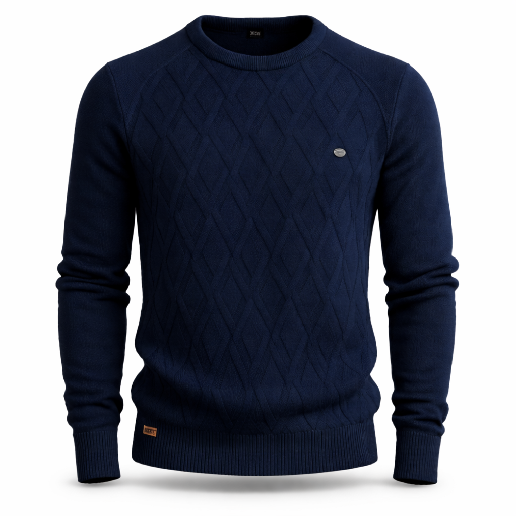 Men's crew neck jumper with a raised diamond knit on the front - navy