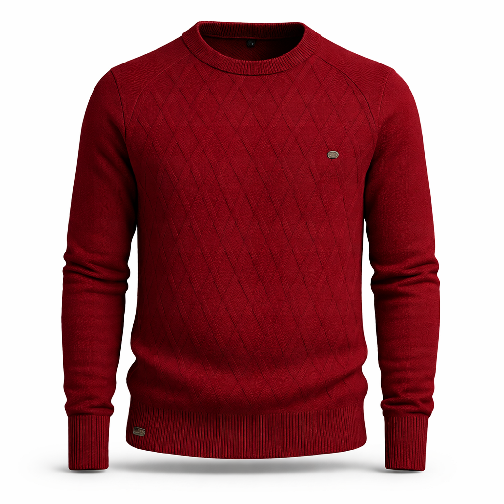 Men's crew neck jumper with a raised diamond knit on the front - burgundy