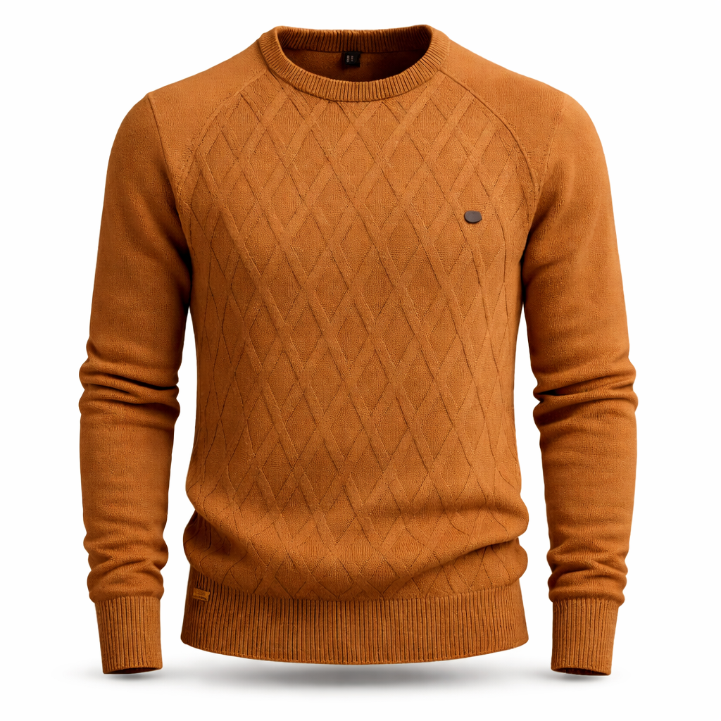 Men's crew neck jumper with a raised diamond knit on the front - rust