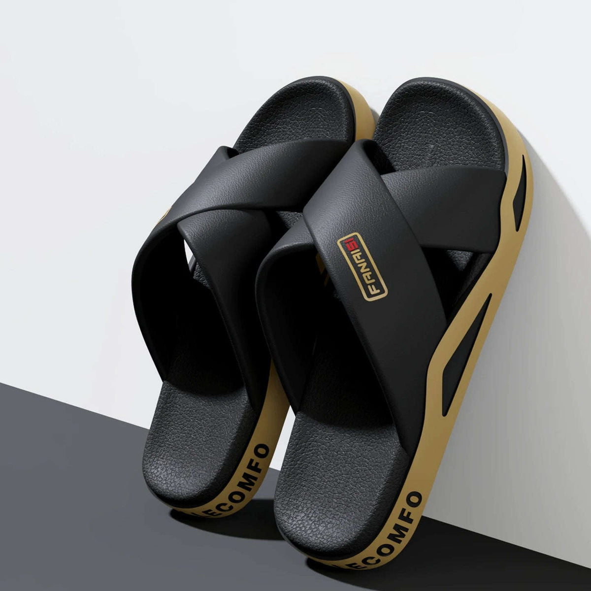 Men's sliders with crossed straps over the instep, textured footbed and thick sole - view 2