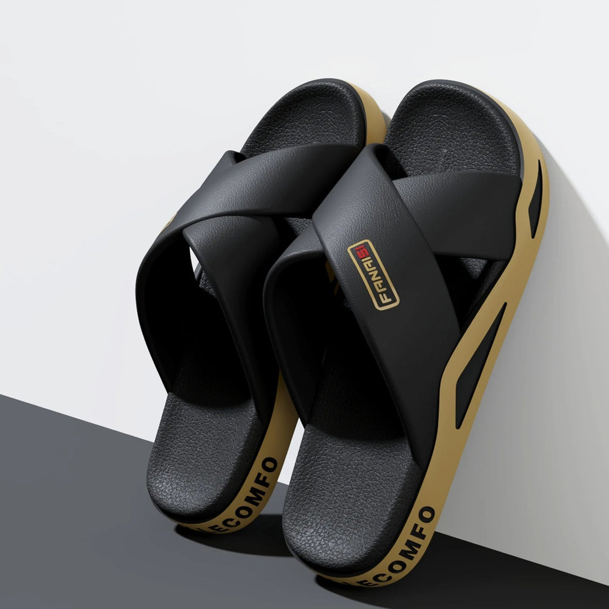 Men's sliders with crossed straps over the instep, textured footbed and thick sole - black/tan